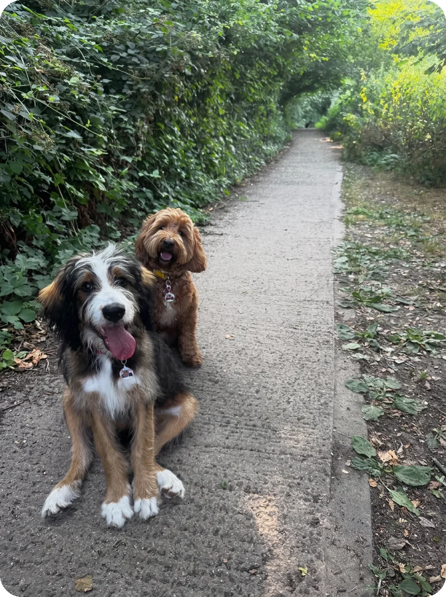 A tricolour dog and a golden doodle on a woodland path